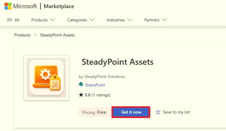 SteadyPoint Assets listing on Microsoft AppSource with Get it now button