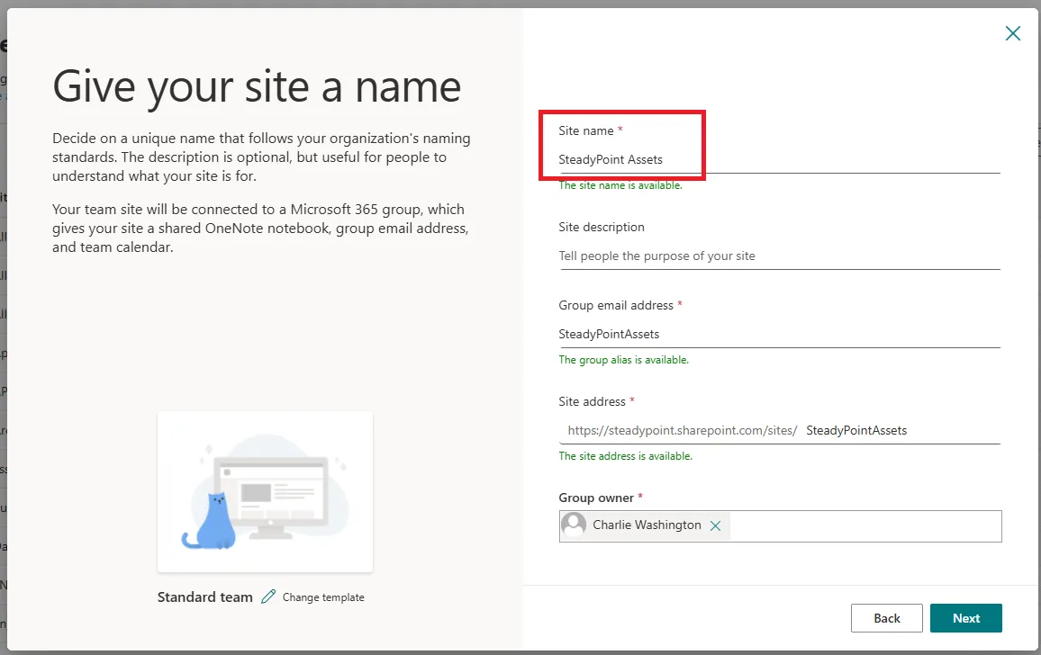 SharePoint create site dialog with site name field