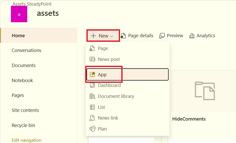 SharePoint site contents with New App option