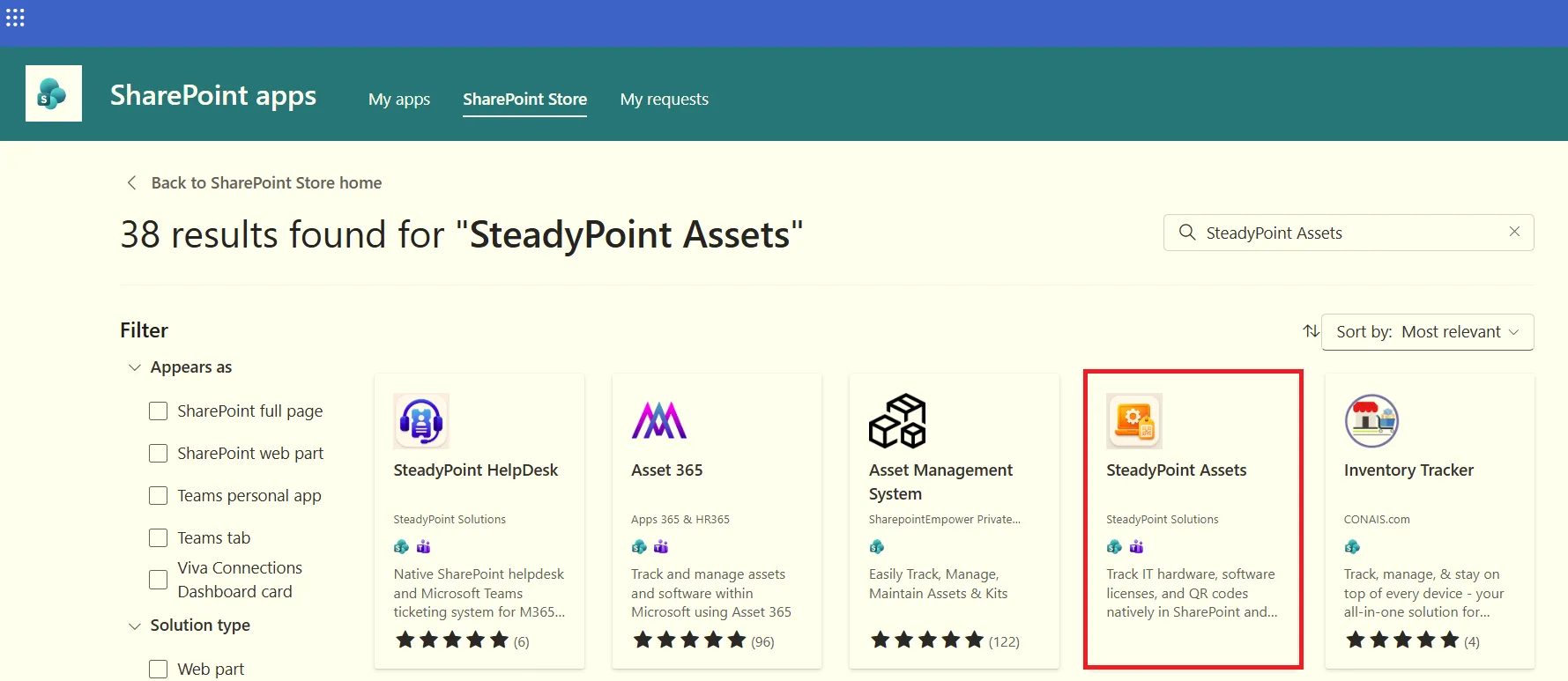 SteadyPoint Assets Management app listing in the SharePoint Store