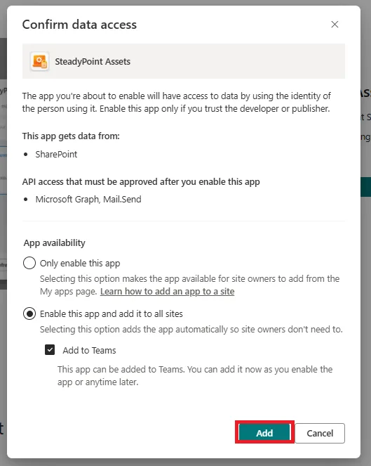 Confirmation dialog to add SteadyPoint Assets Management to the Apps site
