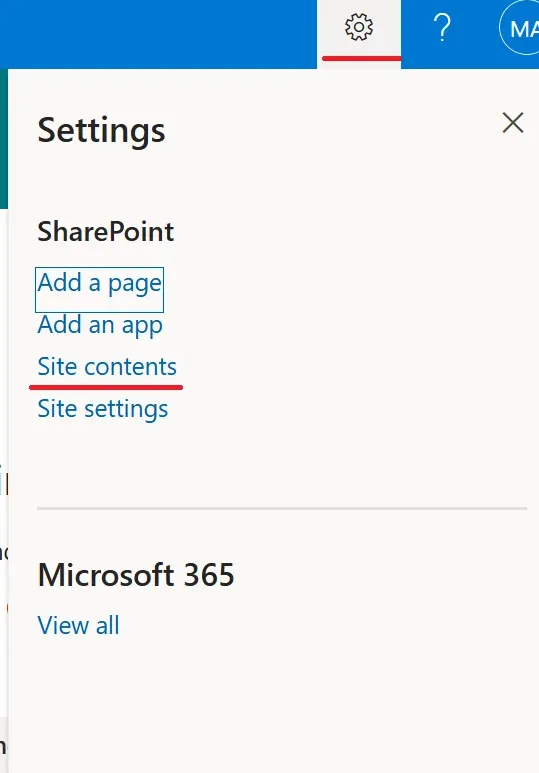 SharePoint settings menu with Site contents option