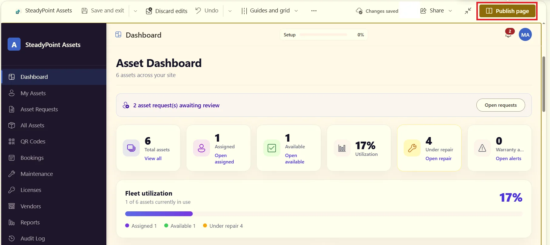 SharePoint page editor with Publish button for SteadyPoint Assets