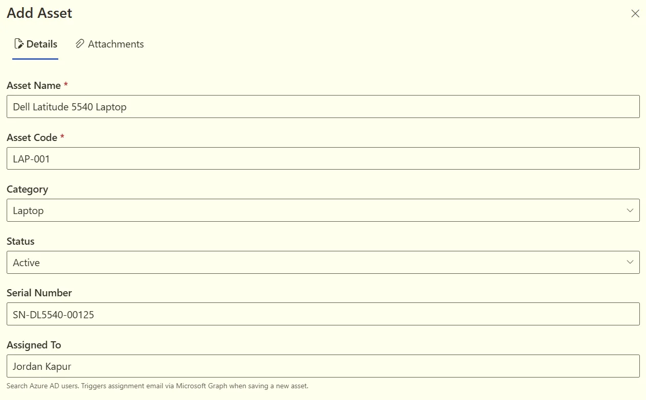 Add Asset form with fields for name, code, category, status, and more