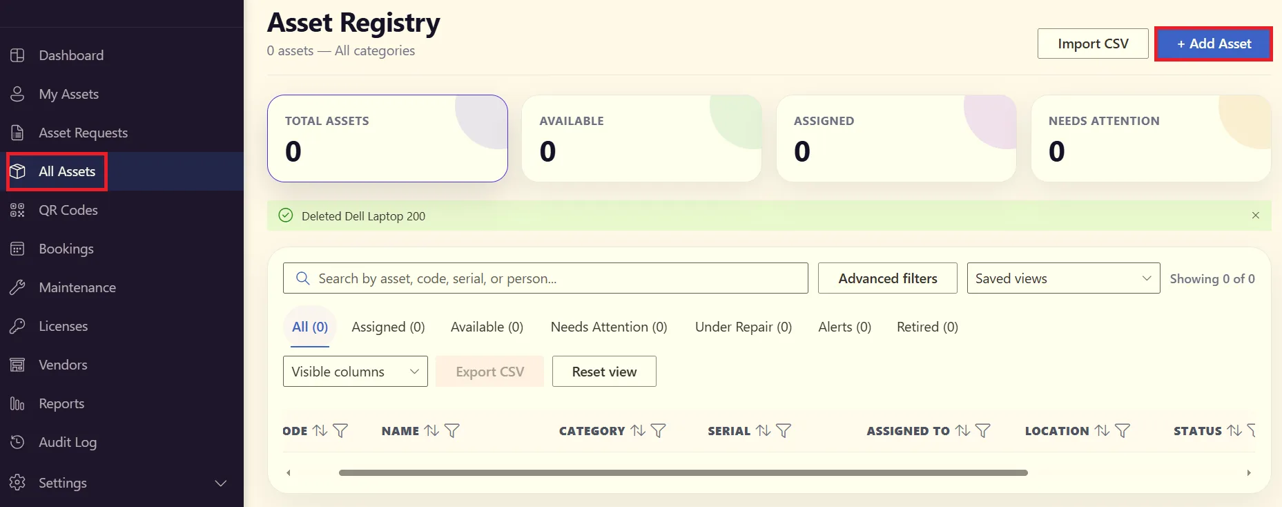 All Assets list in SteadyPoint with Add Asset selected