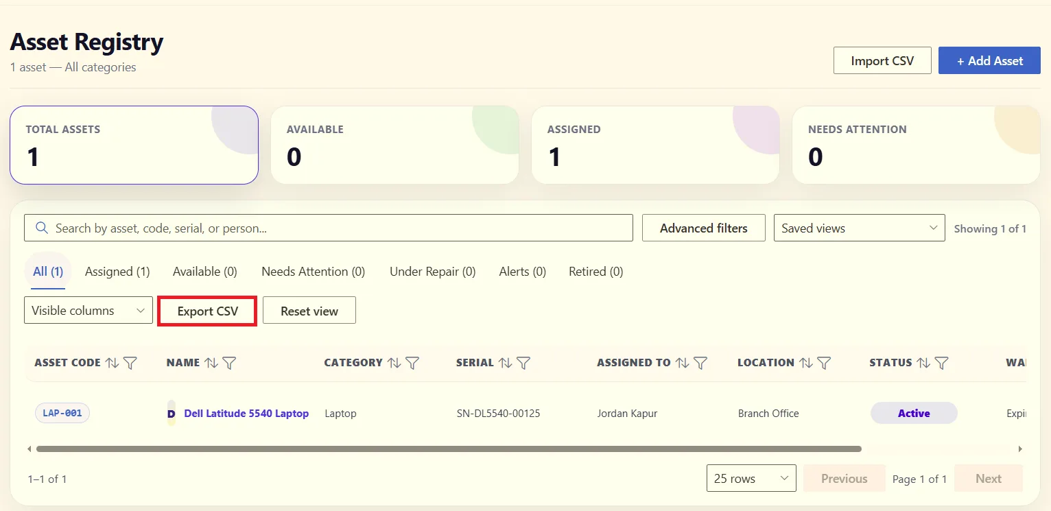 Export CSV action to download the asset list