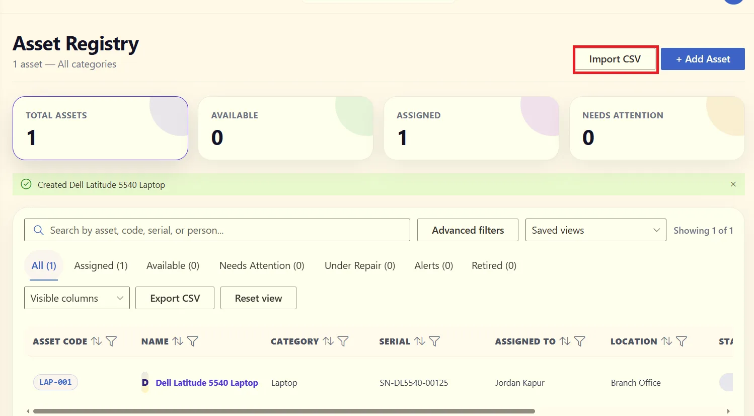 Import CSV option and download template from All Assets