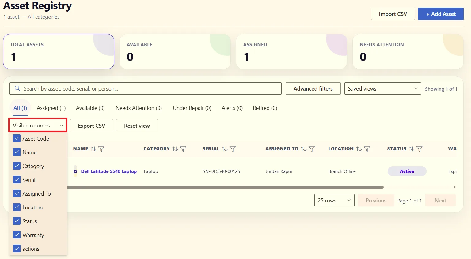 Visible Columns settings for the asset list