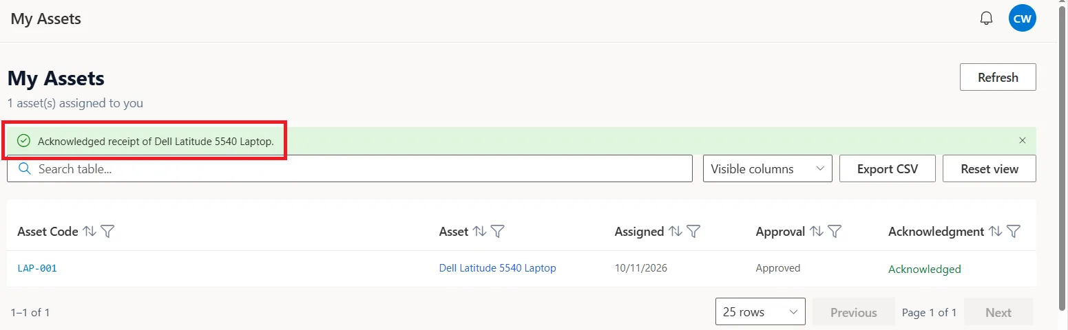 Confirmation message after successful asset receipt acknowledgement