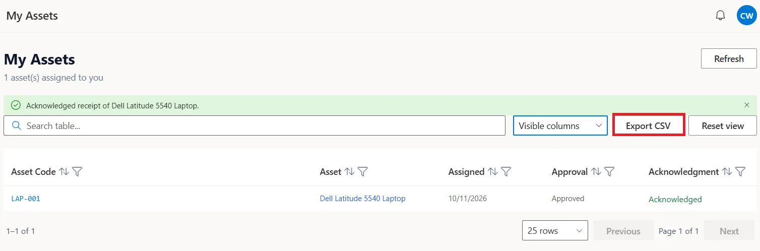 Export to CSV action for asset requests