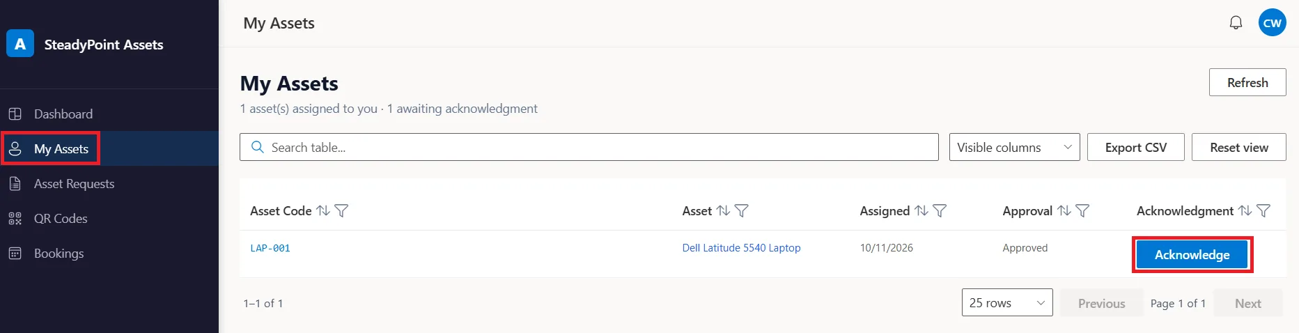 My Assets view with acknowledge receipt of assigned asset