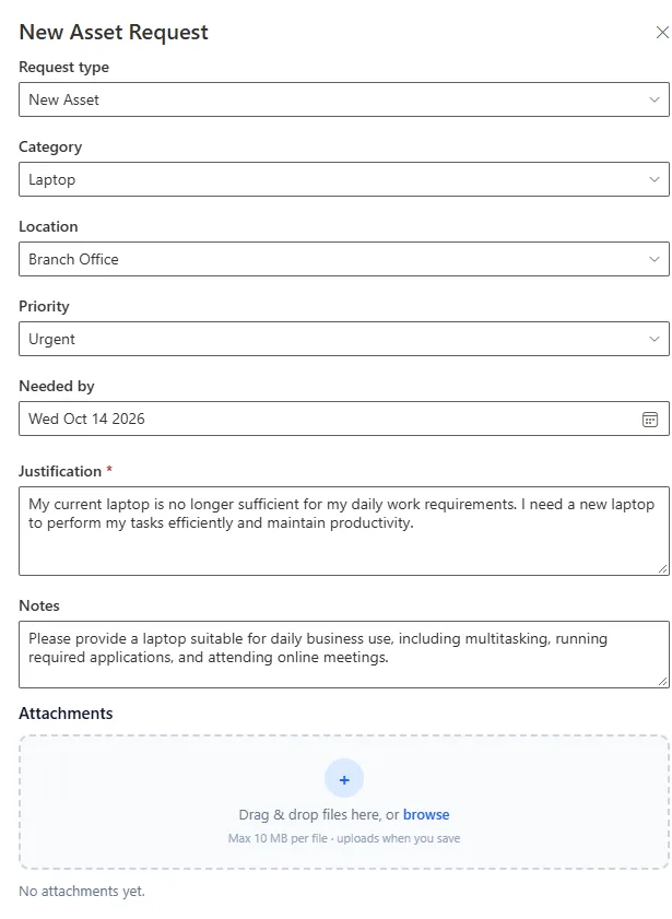 New asset request form with request type, category, location, and priority fields