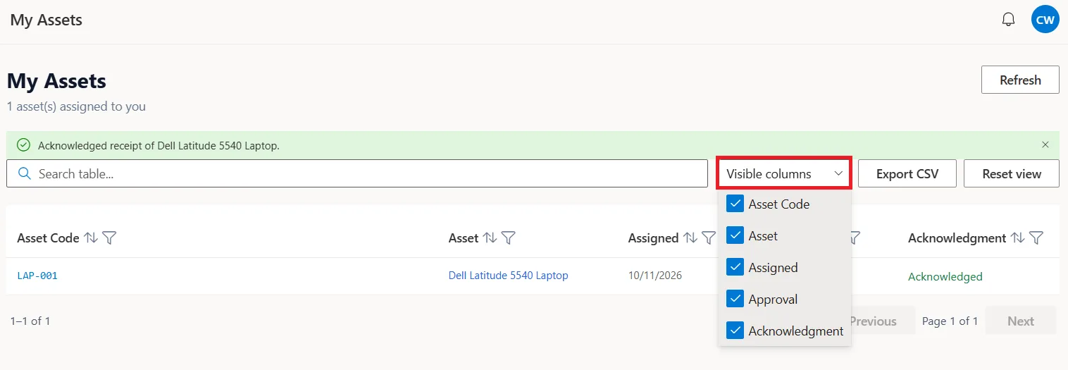 Visible Columns options for the asset requests table