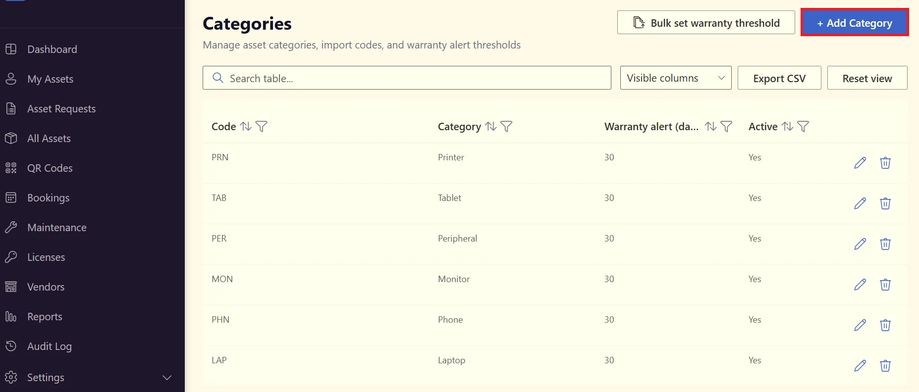 Add Category button and new category window
