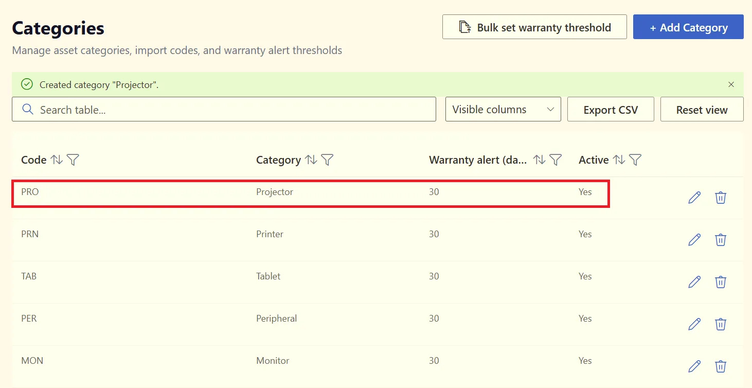 New category shown in the Categories list