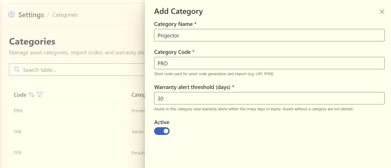 Category name, code, and warranty alert threshold fields