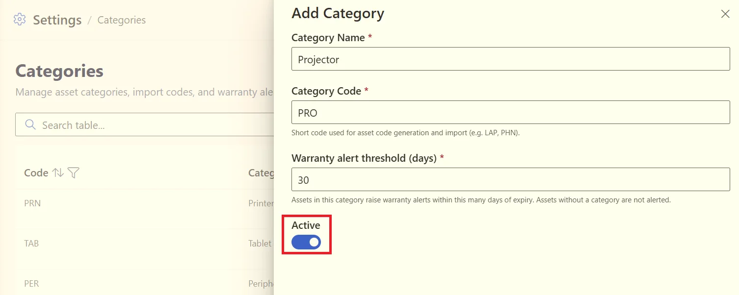 Set category status to Active or Inactive