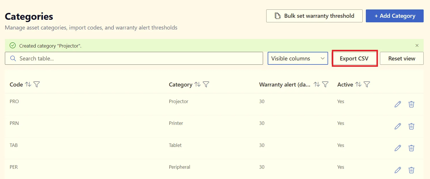 Export categories to CSV