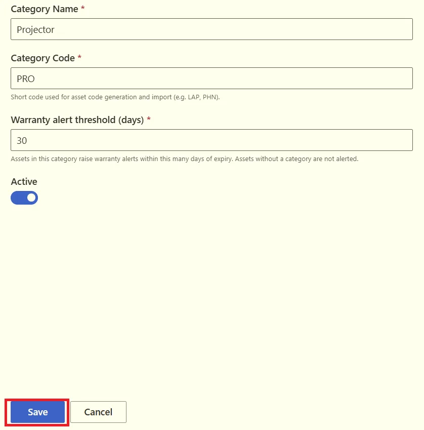 Save the new asset category