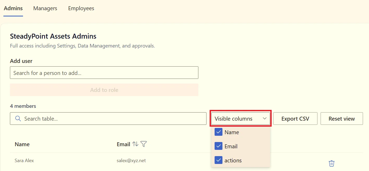 Visible column options for the users list