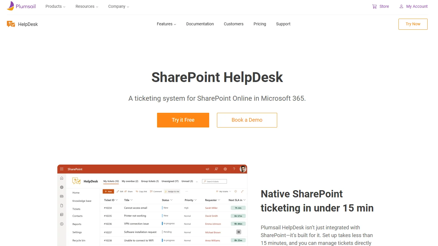 Plumsail HelpDesk ticket management in SharePoint.