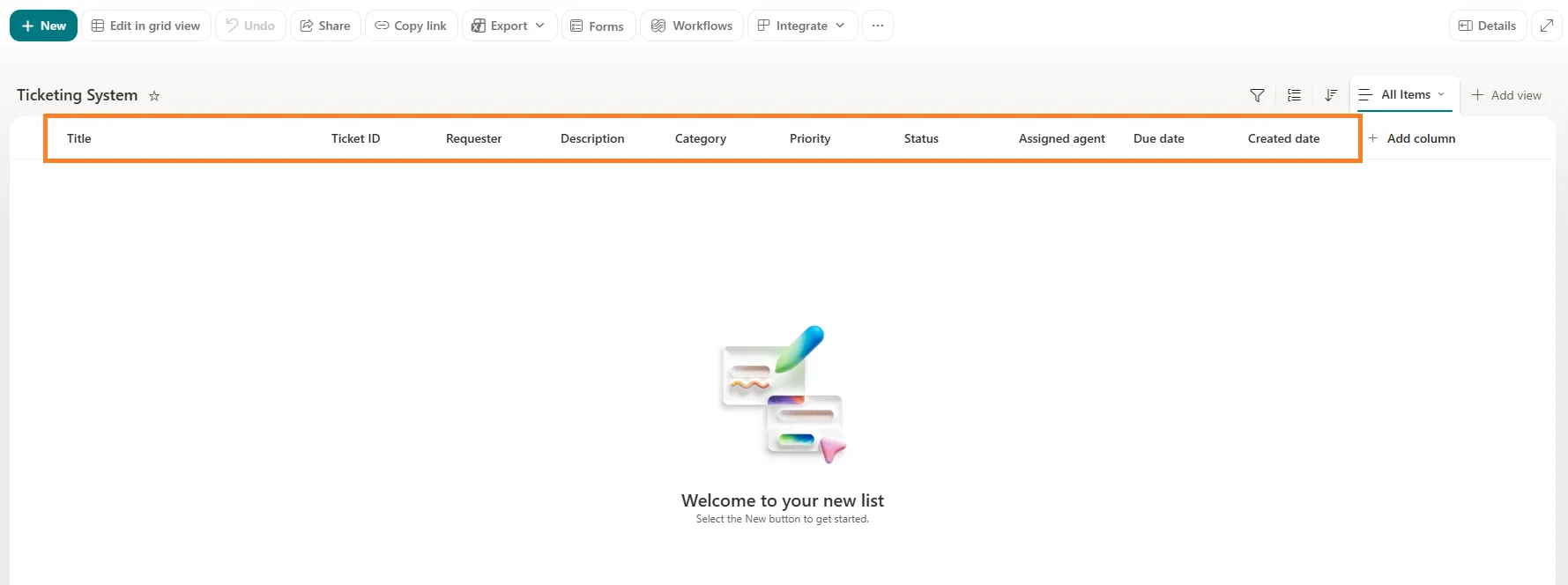 SharePoint Ticketing System list with columns for title, ticket ID, requester, description, category, priority, status, assigned agent, due date, and created date