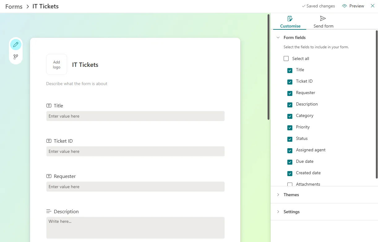 SharePoint IT Tickets form editor showing title, ticket ID, requester, and description fields