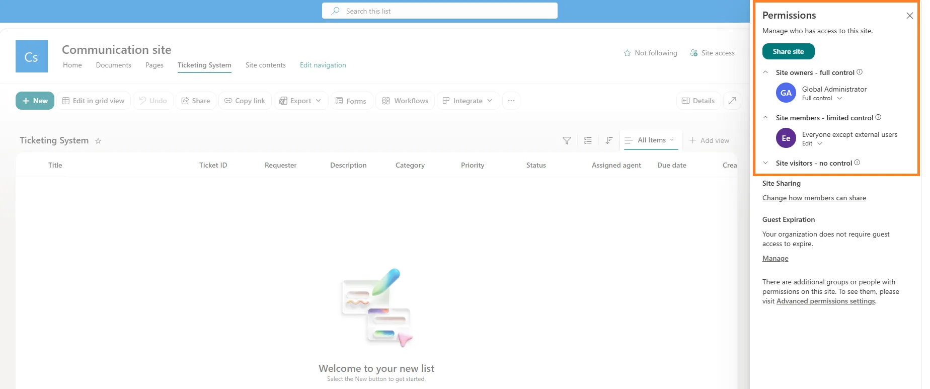 SharePoint Ticketing System site Permissions panel showing site owners, members, and visitors access levels