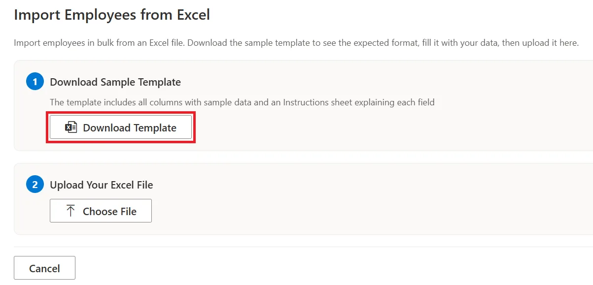 SteadyPoint HRIS Excel import template download screen