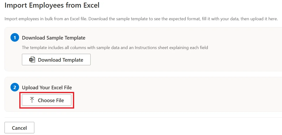 SteadyPoint HRIS Excel file upload screen for bulk employee import
