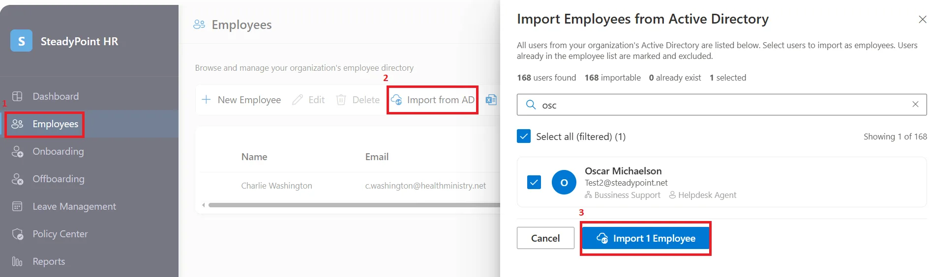 SteadyPoint HRIS Import from AD option on the Employees screen