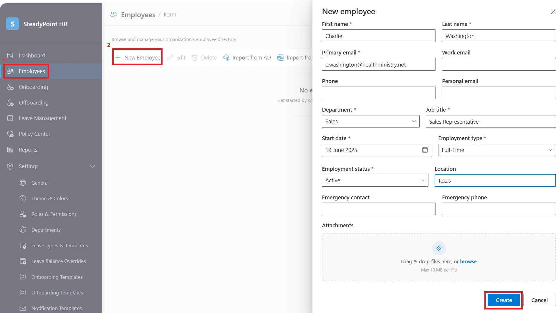 SteadyPoint HRIS Employees screen with New Employee option in the side navigation
