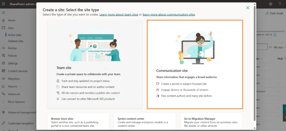 SharePoint Create a site dialog with Communication site selected for an employee-facing HR portal