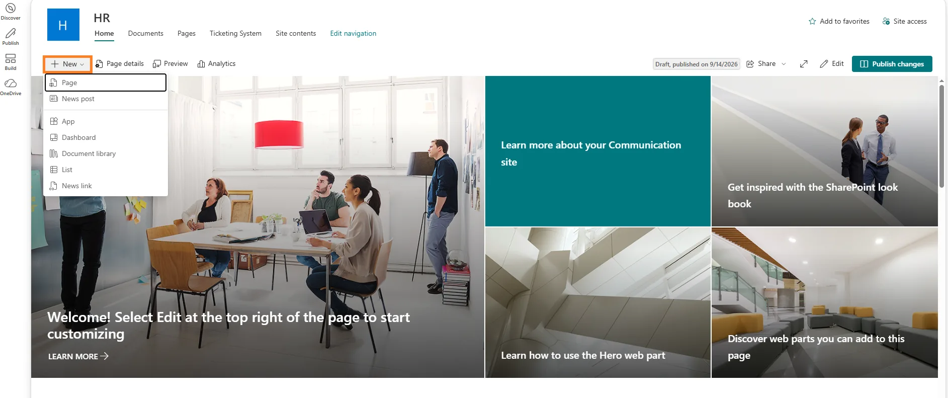 SharePoint HR site homepage with the New menu open to add a page, list, or document library