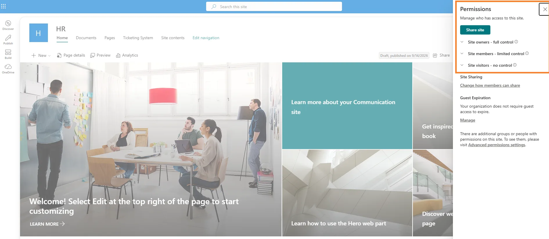 SharePoint HR site Permissions panel showing site owners, members, and visitors access levels