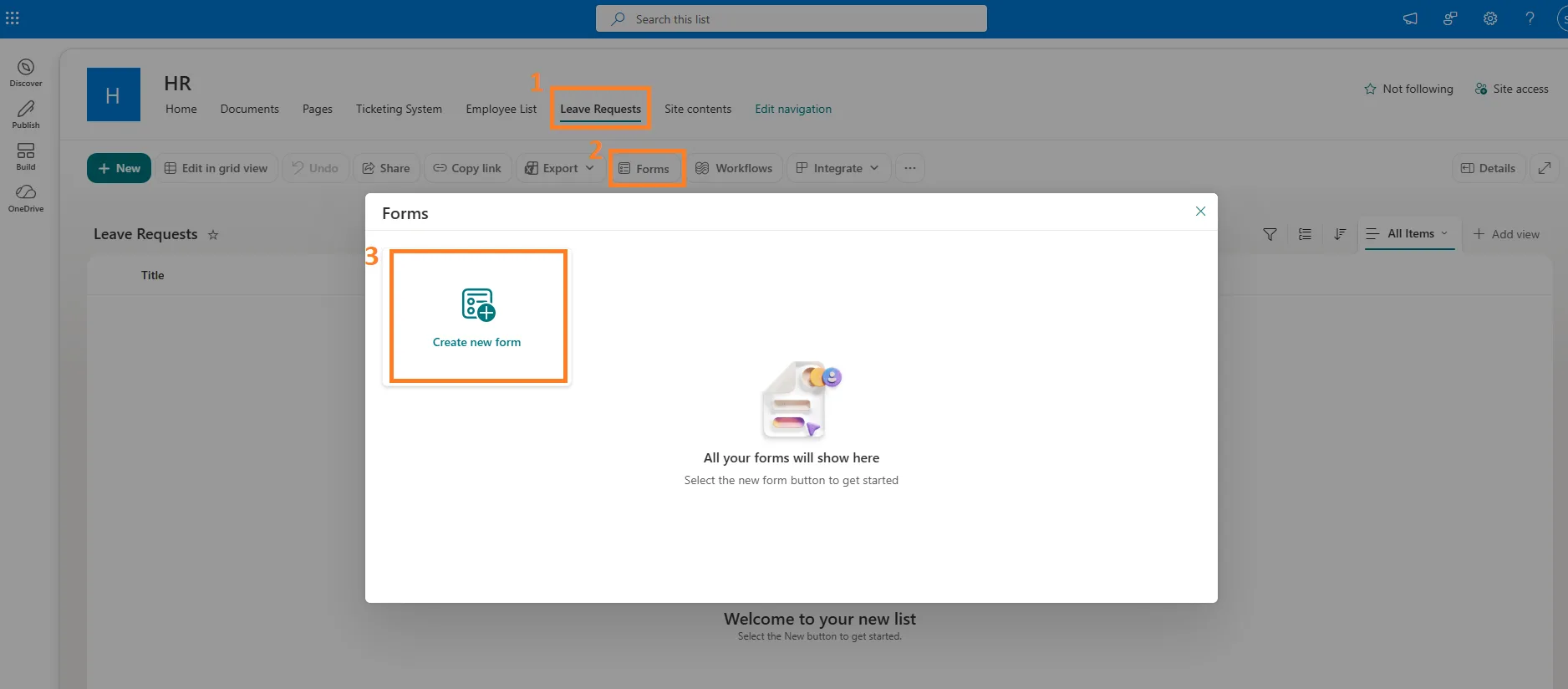 SharePoint Leave Requests list with Forms open and Create new form highlighted