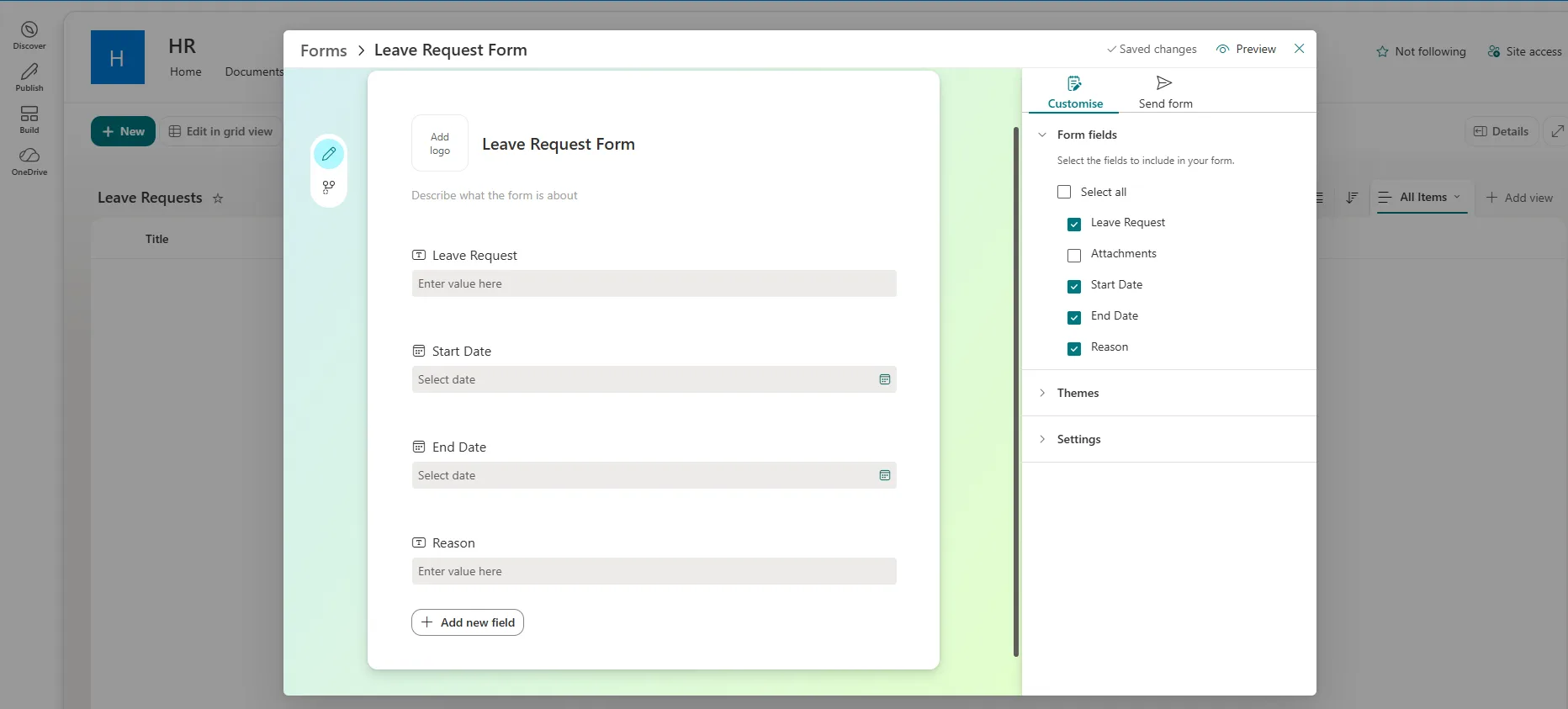 SharePoint Leave Request Form editor with fields for leave request, start date, end date, and reason