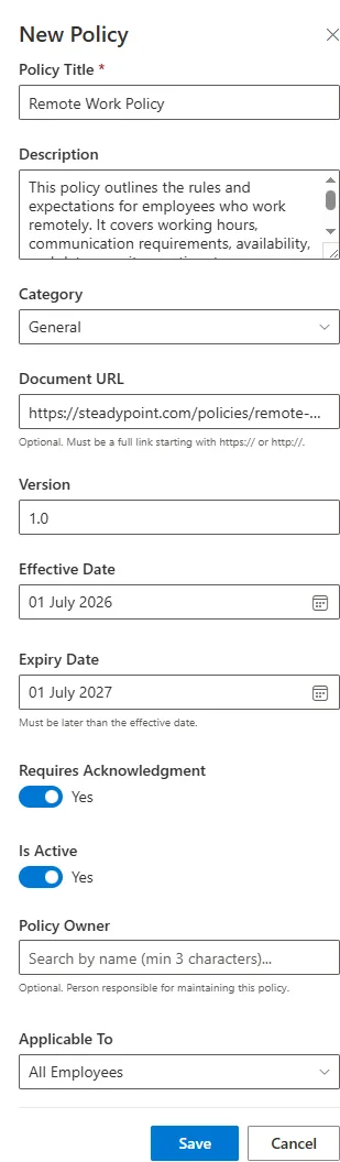 SteadyPoint HRIS new policy form with title, category, dates, and acknowledgment settings