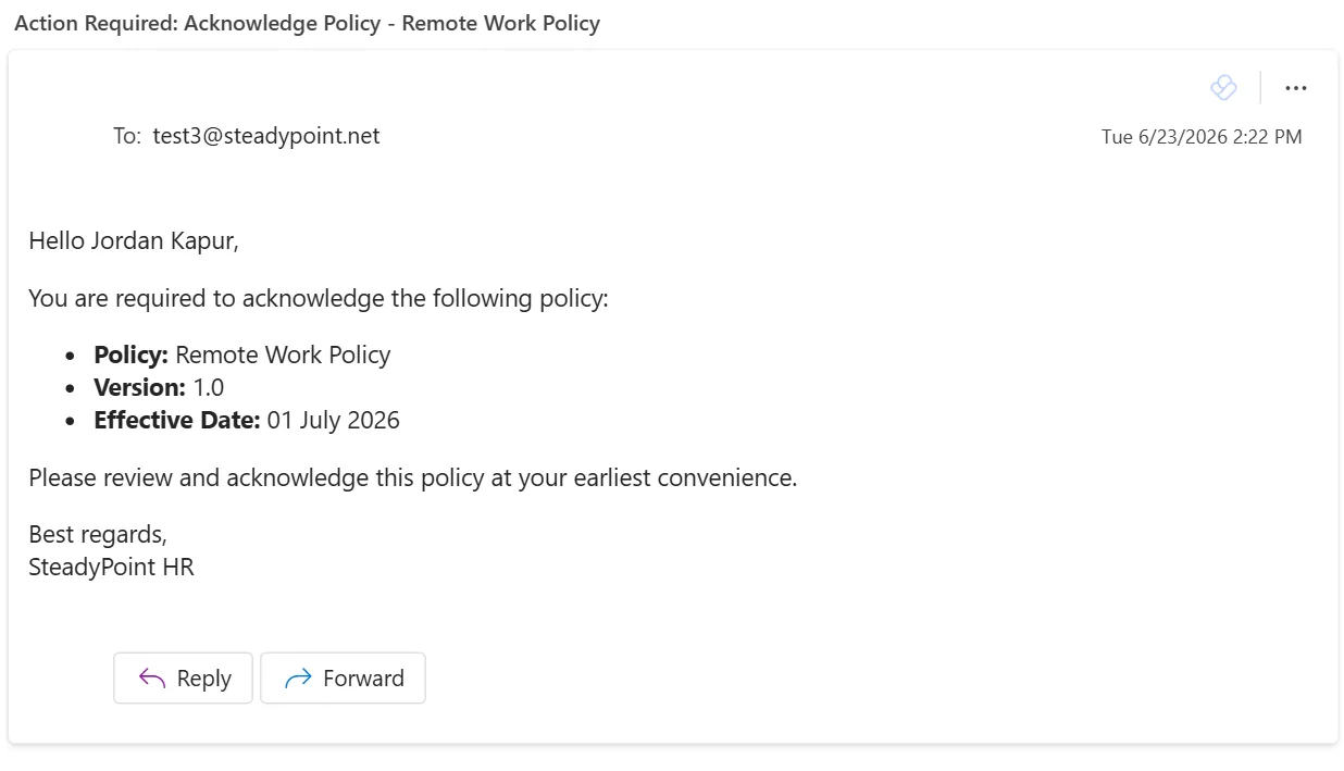 SteadyPoint HRIS email notification asking an employee to acknowledge a new HR policy