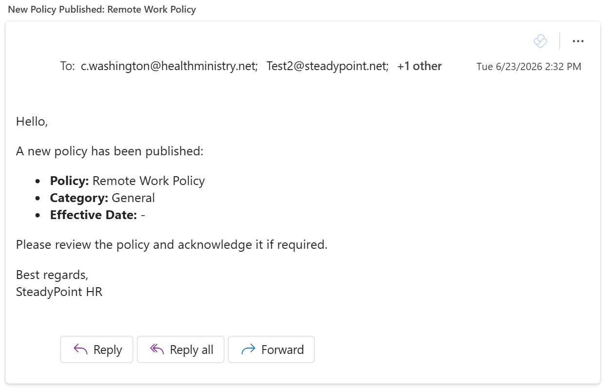 SteadyPoint HRIS email notification informing an employee that a new HR policy has been published