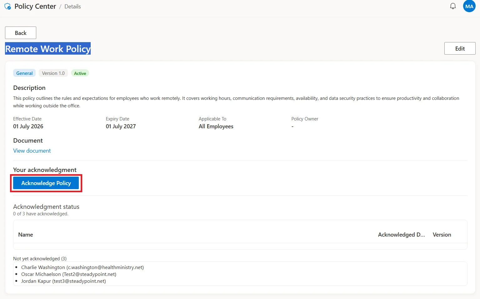 SteadyPoint HRIS Policy Center screen where employees review and acknowledge policies