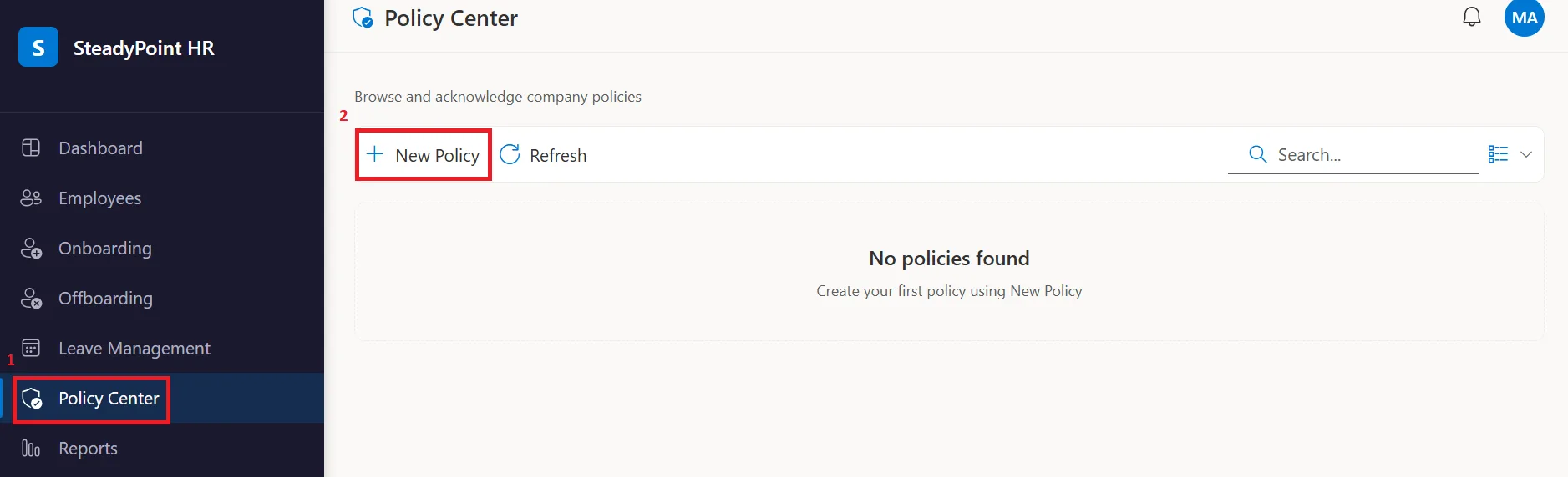 SteadyPoint HRIS Policy Center screen with New Policy button