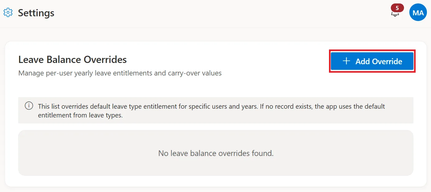 SteadyPoint HRIS Add Override screen for employee leave balance exceptions