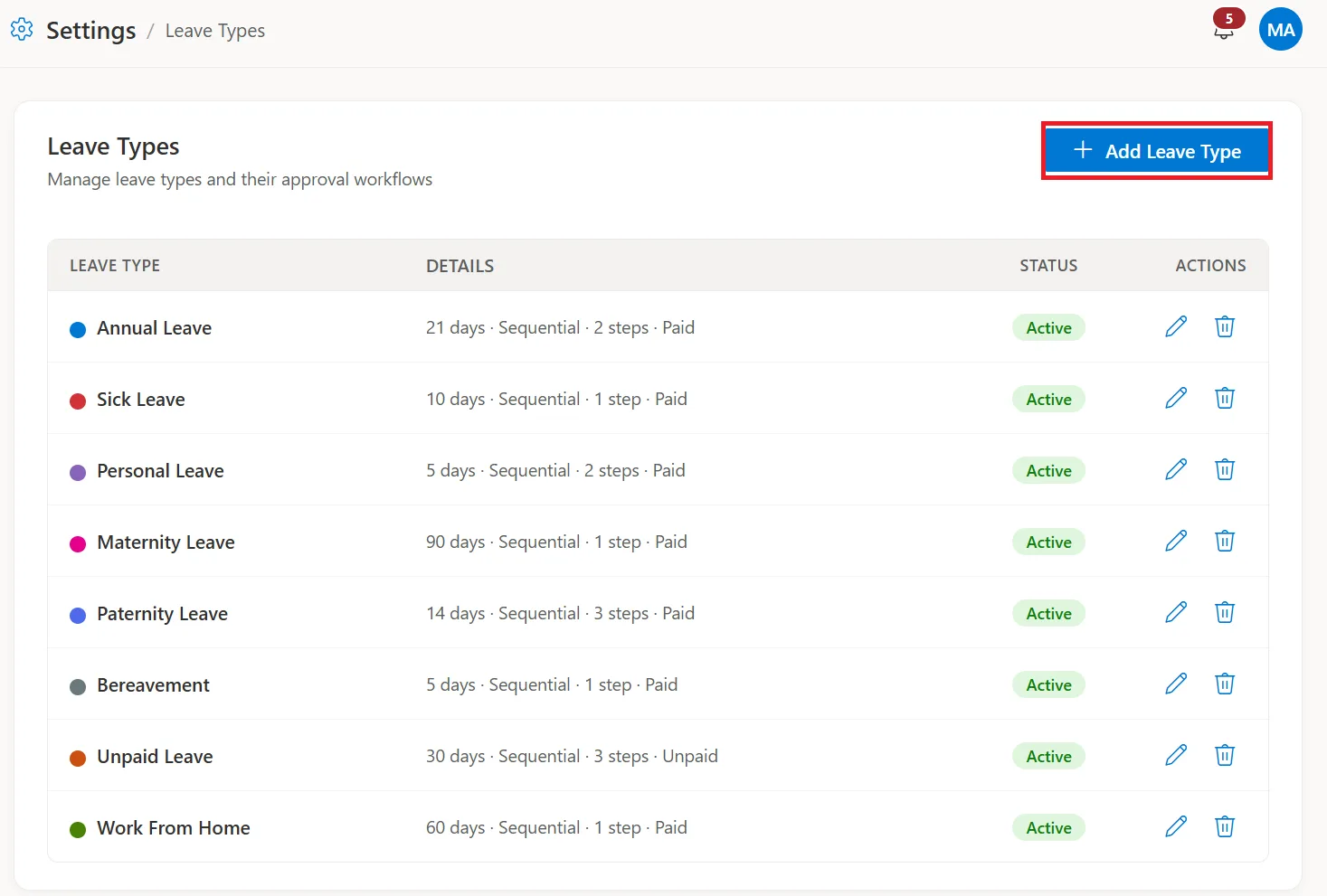 SteadyPoint HRIS Leave Types screen with Add Leave Type button