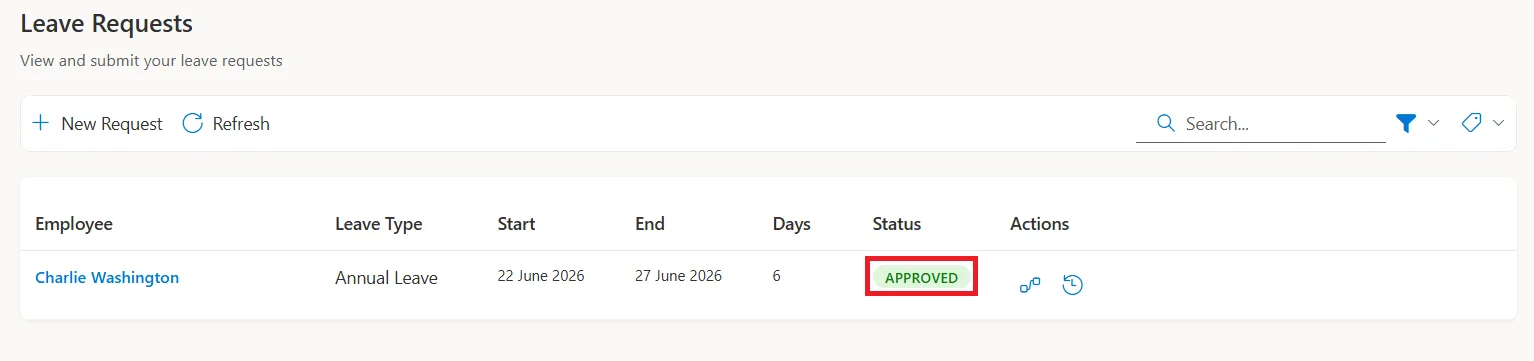 SteadyPoint HRIS leave request approval screen with approve and reject options