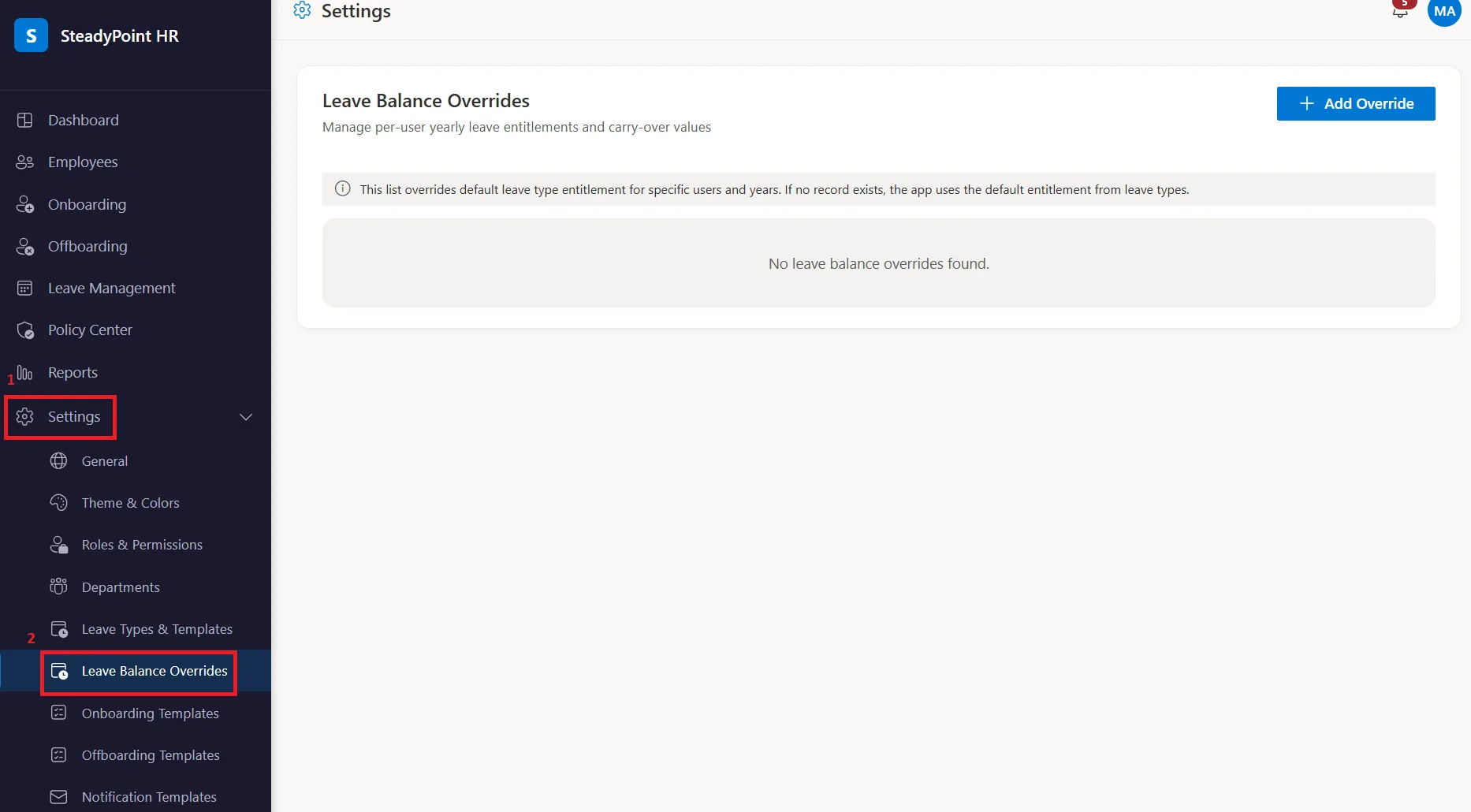 SteadyPoint HRIS Leave Balance Overrides settings screen
