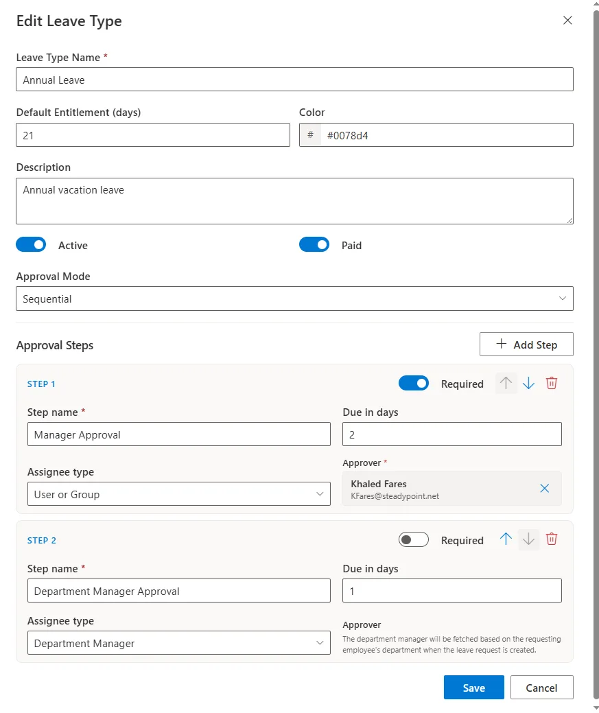 SteadyPoint HRIS leave type editor with name, days, paid status, and approval settings