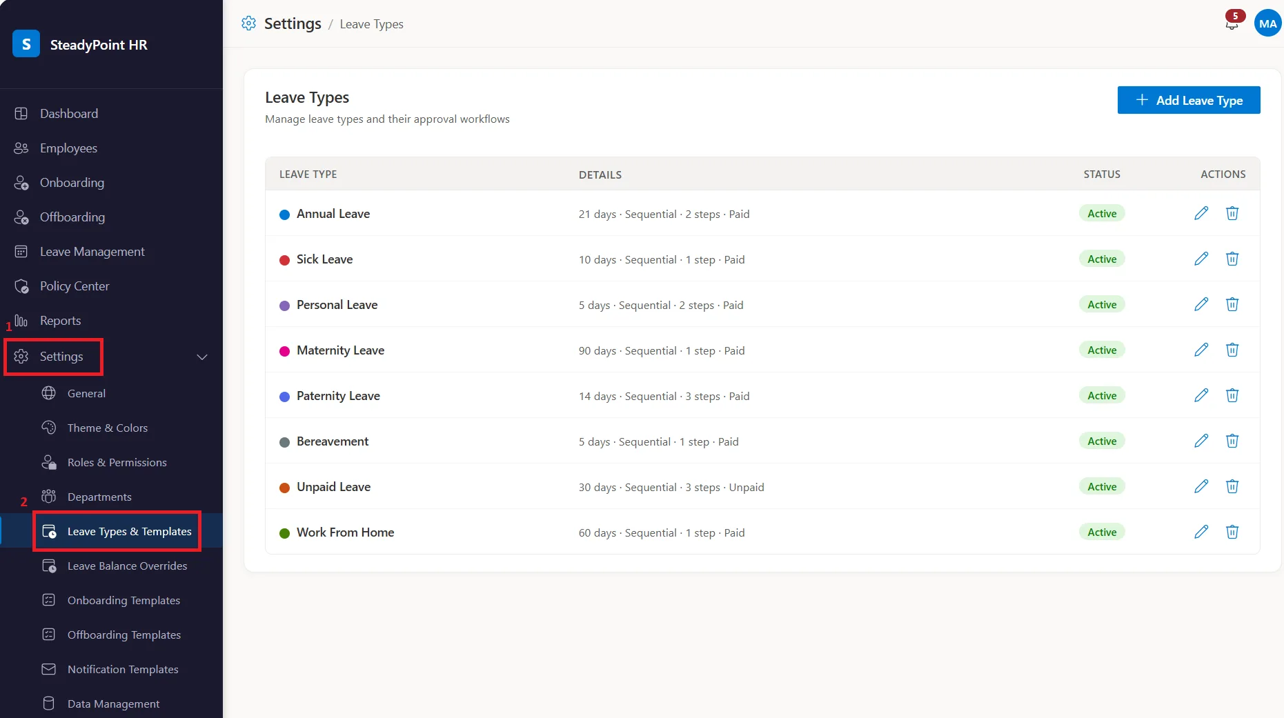 SteadyPoint HRIS Settings screen showing Leave Types and Templates