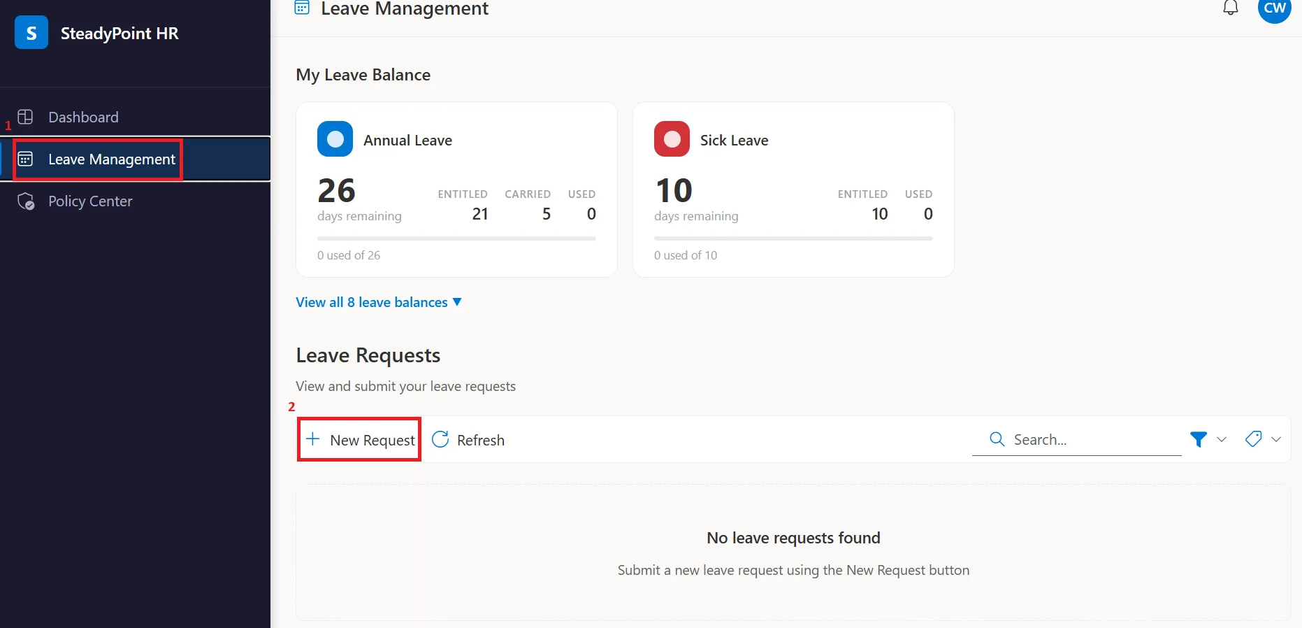 SteadyPoint HRIS Leave Management screen with New Request option