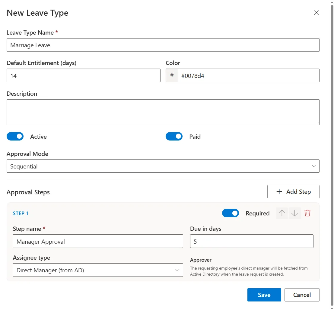 SteadyPoint HRIS form for creating a new leave type with configuration options